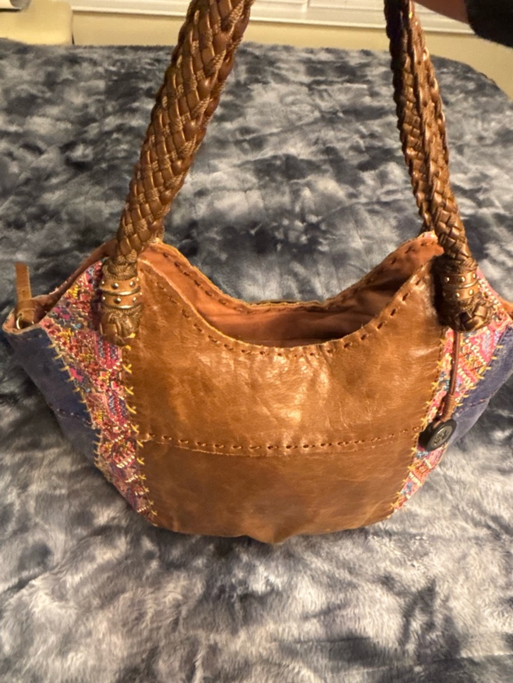 The Sak Brown Leather-Style Shoulder Bag with Multicolor Woven Panels